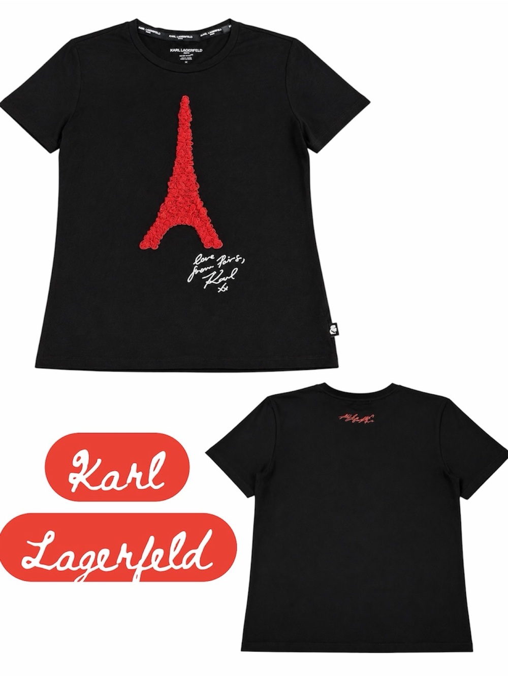 Karl Lagerfeld Black Tee with Red Eiffel Tower Appliqué
